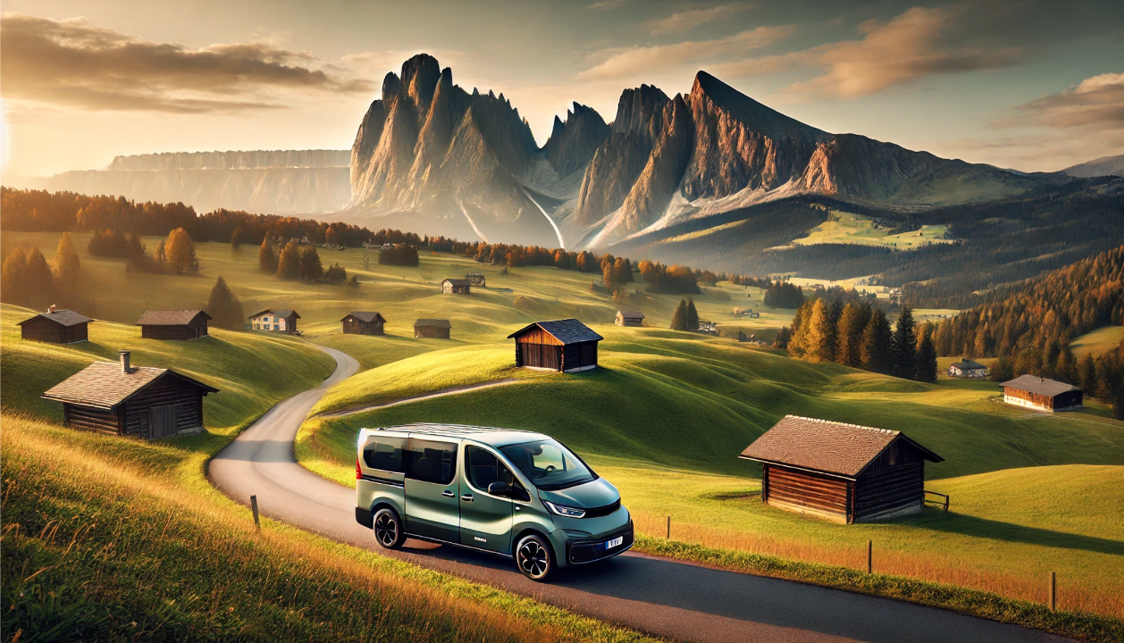 Scenic mountain landscape with a van driving on a winding road through green hills and wooden cabins